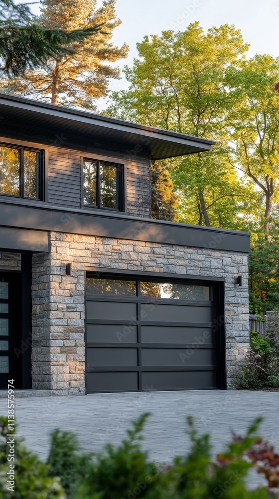 Modern garage design with large windows and gray stone finish in residential area