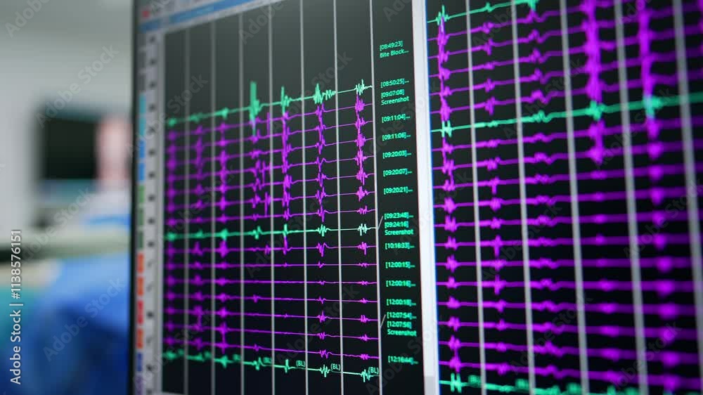 Large black monitor of computer equipment in surgery room. Brain waves of the patient on the screen. Close up.
