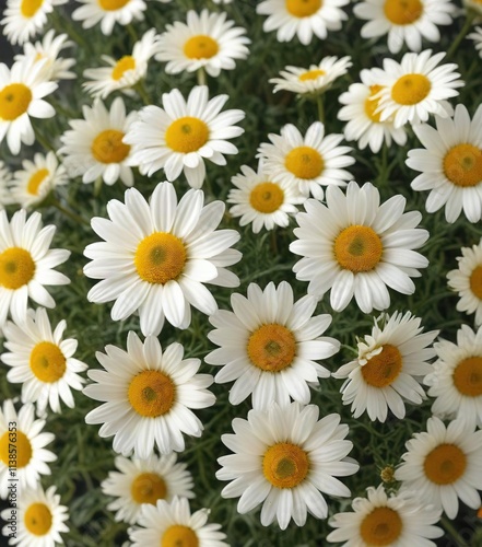 Freshly cut camomile flowers arranged in a loose, organic shape, wildflowers, herbal wreath