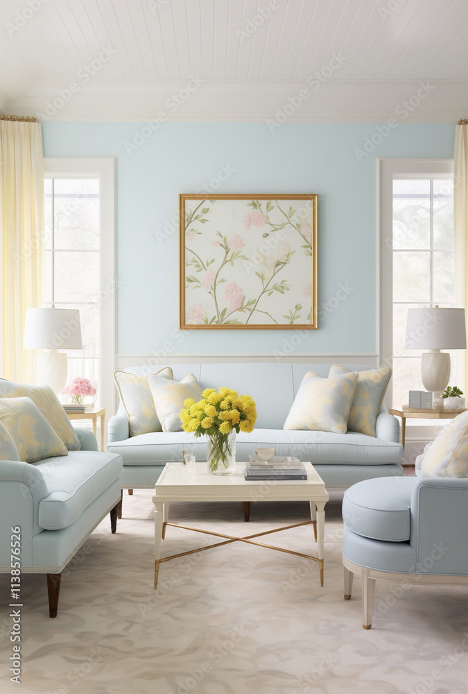 Fototapeta premium Modern living room with sofa in light blue color.