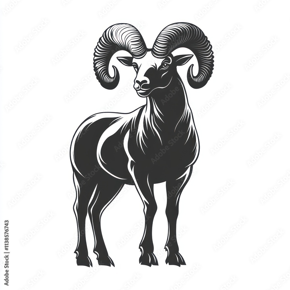 Majestic ram with large curled horns, monochrome illustration. Majestic ram with large curled horns, monochrome illustration.