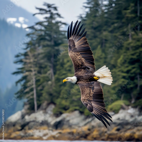 Majestic Eagle Soaring Through Its Natural Habitat with Vast Copy Space for Creative Use in Nature and Wildlife Themes photo
