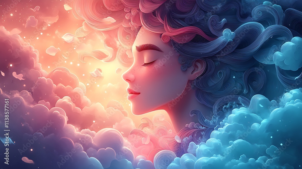 Pastel paper quilling illustration of a calm man surrounded by cloud-like shapes in soft pastel hues Pastel paper quilling illustration of a calm man surrounded by cloud-like shapes in soft pastel hues
