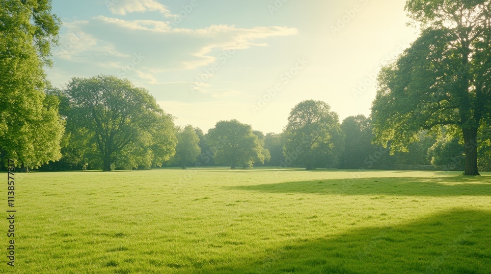 Tranquil Green Field Surrounded by Lush Trees Under Clear Blue Sky Tranquil Green Field Surrounded by Lush Trees Under Clear Blue Sky