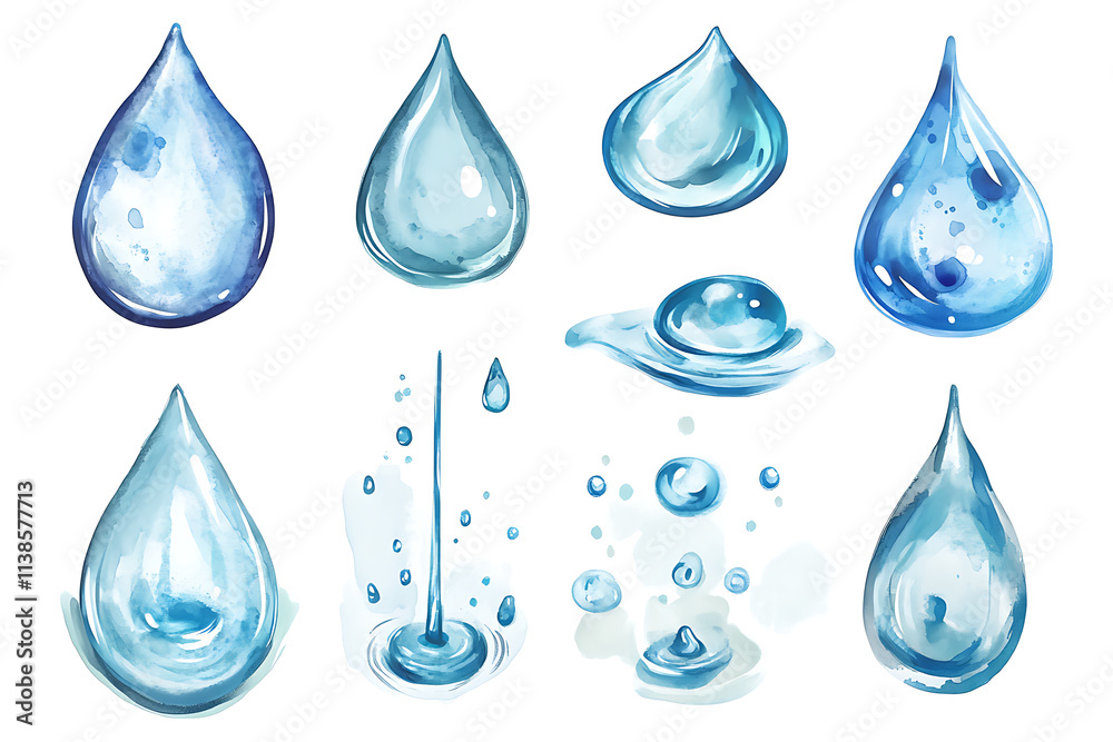 A collection of watercolor-style water droplets and splashes in various shapes and sizes. A collection of watercolor-style water droplets and splashes in various shapes and sizes.