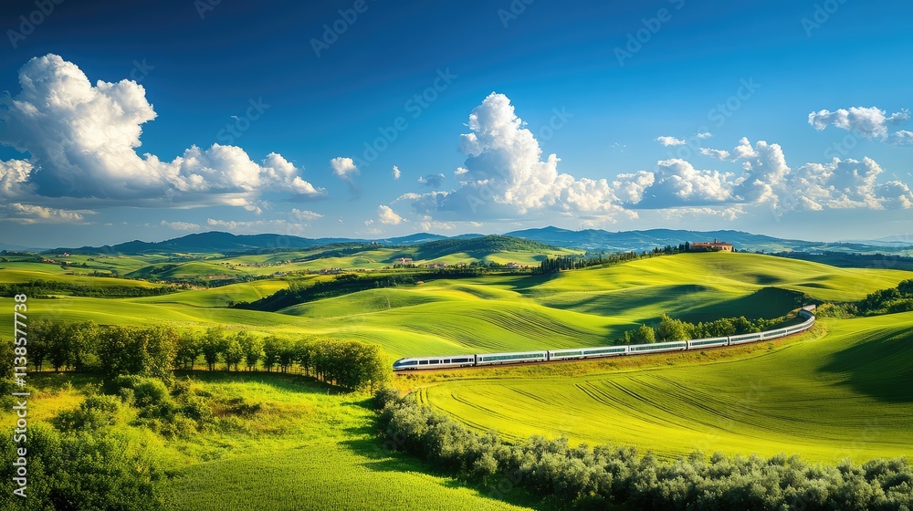 Obraz premium A high-speed train speeding through the lush green countryside, with rolling hills and fields stretching out under a bright blue sky