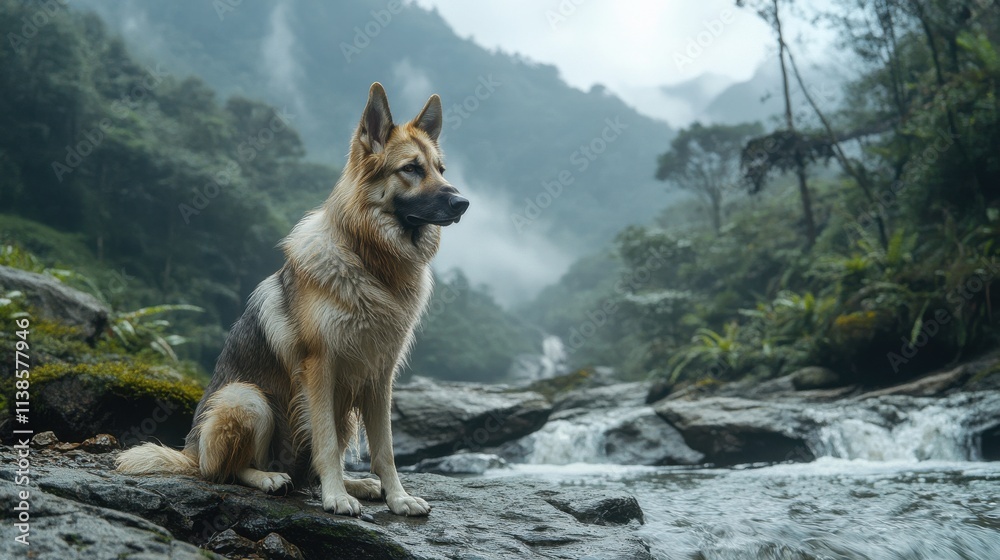 Obraz premium German Shepherd in misty mountain forest beside rushing stream