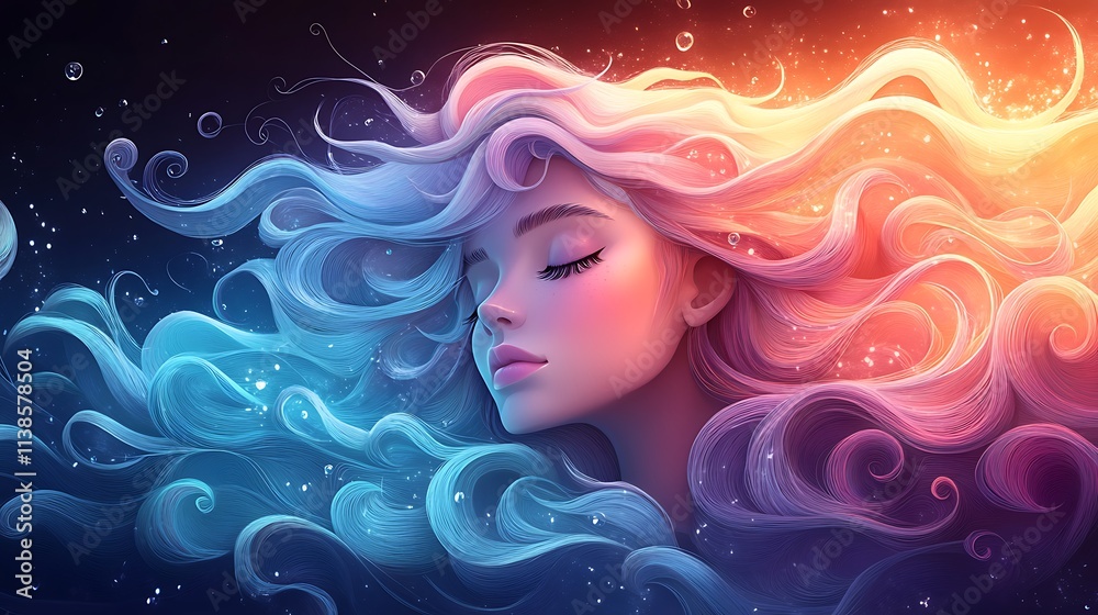 Dreamlike quilling portrait of a woman with flowing pastel waves forming her long hair Dreamlike quilling portrait of a woman with flowing pastel waves forming her long hair