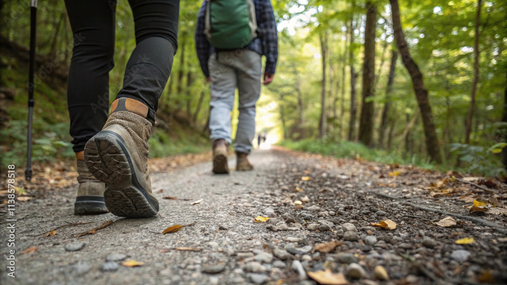 Hiking in Spring Forest, Close-up of Hikers Feet on a Trail, Active Lifestyle, Outdoor Activity in Nature Hiking in Spring Forest, Close-up of Hikers Feet on a Trail, Active Lifestyle, Outdoor Activity in Nature