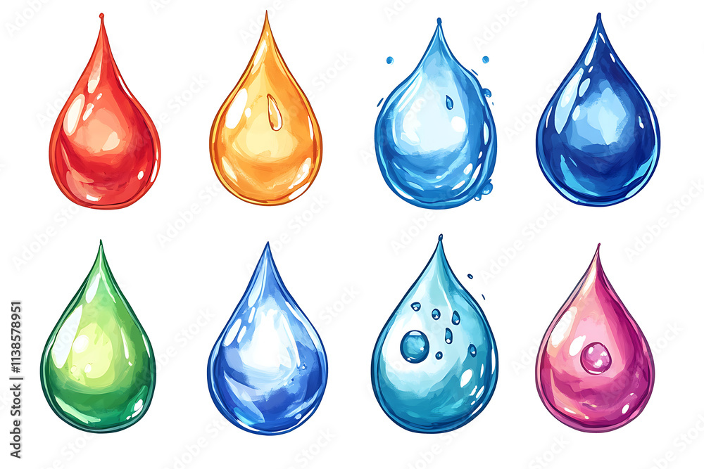 Colorful water droplets in various hues arranged in a grid pattern. Colorful water droplets in various hues arranged in a grid pattern.
