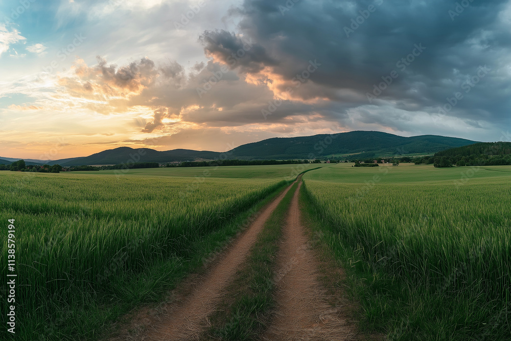 Beautiful summer mountain rural landscape; Panorama of summer green field with dirt road and Sunset cloudy sky Beautiful summer mountain rural landscape; Panorama of summer green field with dirt road and Sunset cloudy sky