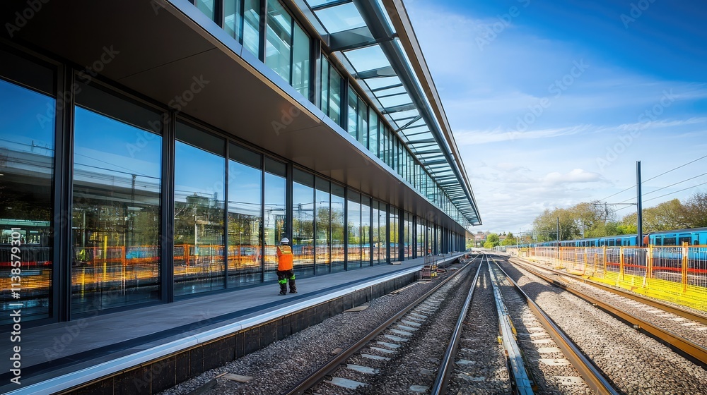A high-speed train station being constructed, with large metal beams and glass panels being installed as part of the design