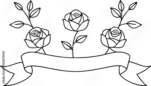 Elegant Roses with Blank Banner Floral Line Art Design