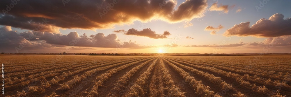 Golden light of sunset over arable land with puffy white clouds , warm lighting , landscape photography Golden light of sunset over arable land with puffy white clouds , warm lighting , landscape photography