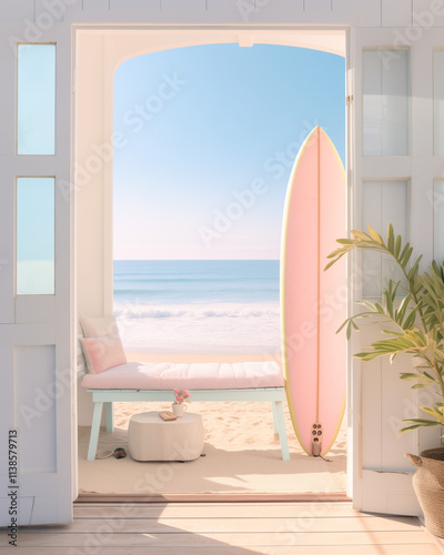 View from the window of the beach with surfboard in pastel colors.