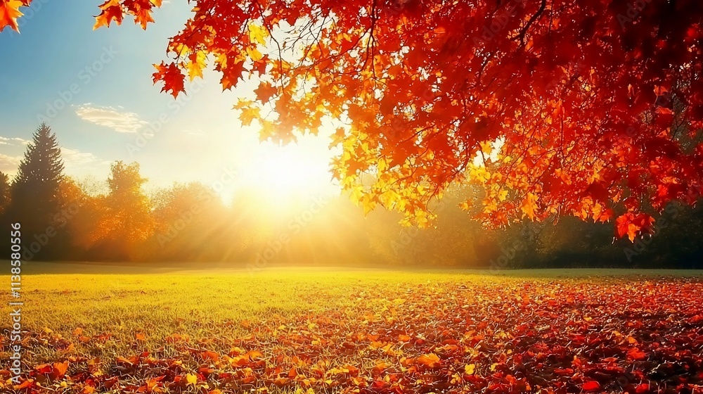 Vibrant autumn sunset over a field strewn with fallen maple leaves. Vibrant autumn sunset over a field strewn with fallen maple leaves.