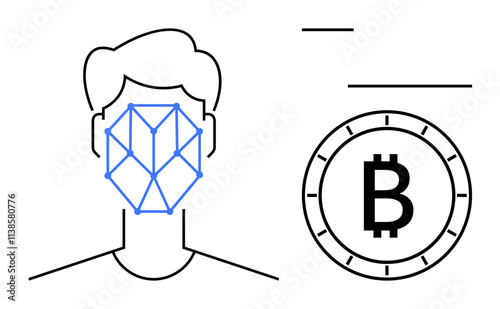 Human face with geometric pattern for facial recognition next to a Bitcoin coin. Ideal for security, finance, technology, digital identity, cybersecurity, blockchain, cryptocurrency. Line metaphor