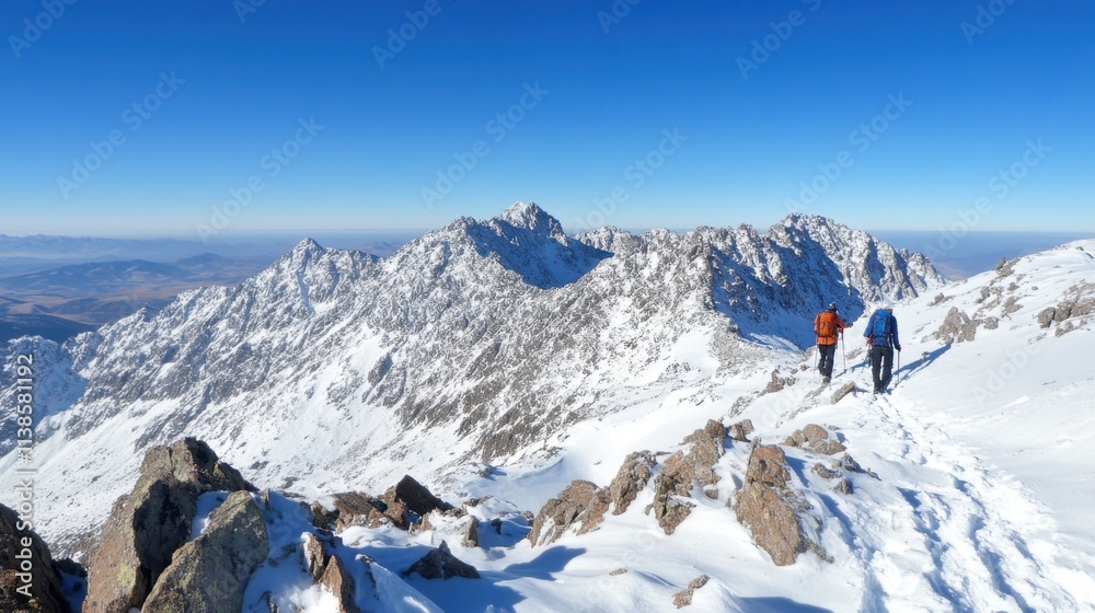 Stunning Snow-Covered Mountain Range with Hikers on a Clear Day Stunning Snow-Covered Mountain Range with Hikers on a Clear Day