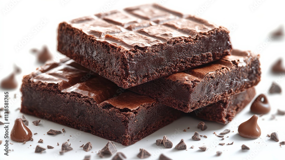 Deliciously Rich Chocolate Brownies Stacked with Melted Chocolate Chips on a White Background, Perfect for Indulgent Dessert Inspirations and Sweet Treat Ideas Deliciously Rich Chocolate Brownies Stacked with Melted Chocolate Chips on a White Background, Perfect for Indulgent Dessert Inspirations and Sweet Treat Ideas