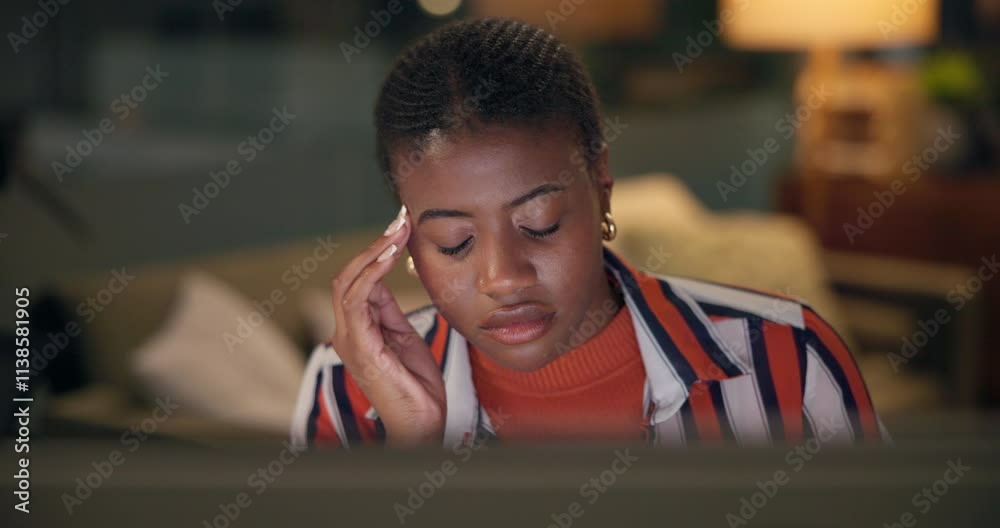 Black woman, headache and night with stress for pressure, strain or overworked at home. Frustrated, female person or employee in remote work with migraine for mistake, deadline or burnout at house