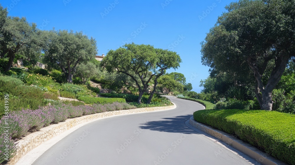Scenic Winding Road Through Lush Greenery with Blue Sky and Sunshine