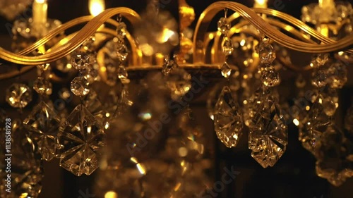 A sparkling golden crystal chandelier hangs elegantly from the ceiling. 2k video 60fps.