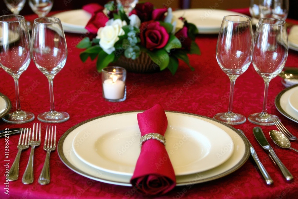 A sophisticated dining table is beautifully arranged with fine china, crystal glassware, and a rich red theme, featuring roses and meticulous attention to detail.