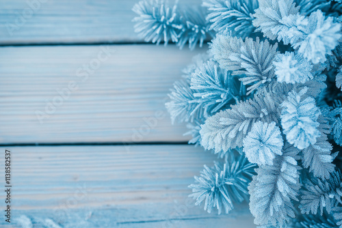 Blue winter frost wooden background