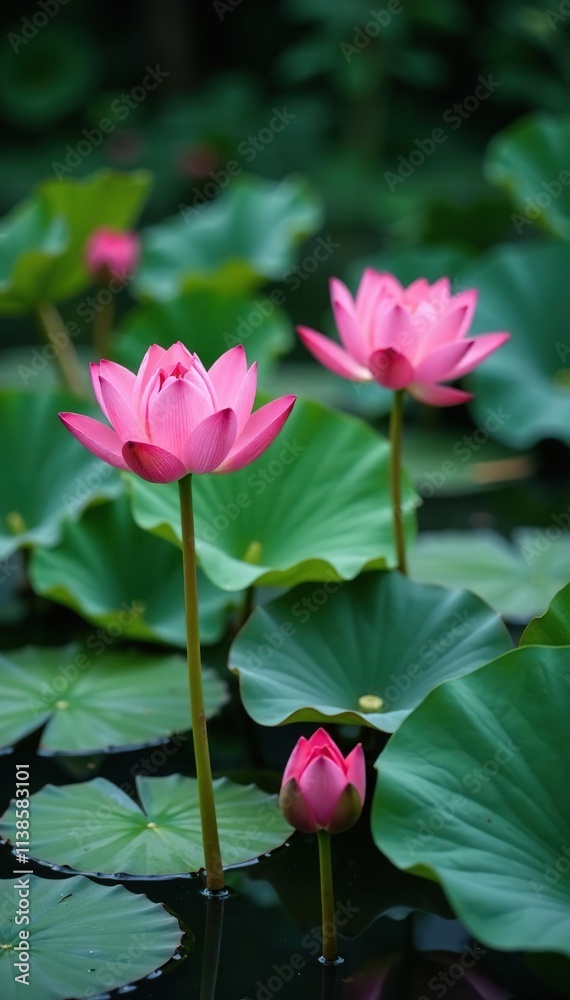 Lotus water lily plants with blooming flowers on surface, waterbody, calm, nature Lotus water lily plants with blooming flowers on surface, waterbody, calm, nature
