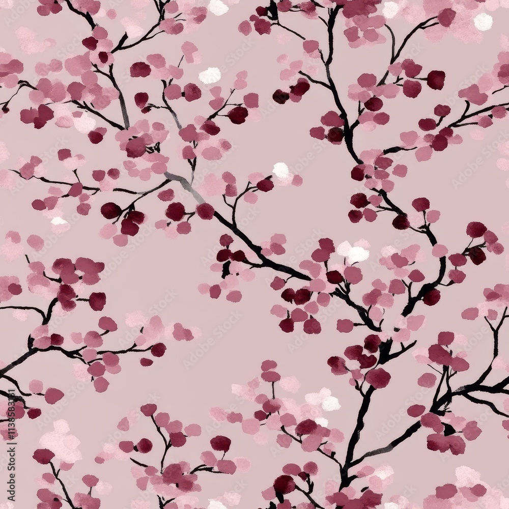 Watercolor depiction of a blooming cherry branch with sakura flowers and buds, forming a seamless pattern. Perfect for fabric prints, showcasing vibrant spring blossoms. Watercolor depiction of a blooming cherry branch with sakura flowers and buds, forming a seamless pattern. Perfect for fabric prints, showcasing vibrant spring blossoms.