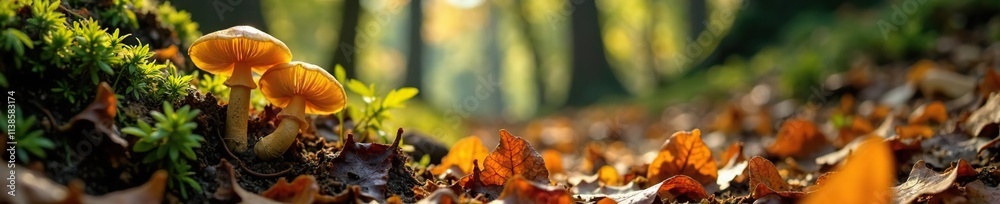 Lush autumn forest floor with Armillaria mellea mushrooms, groundcover, earthy Lush autumn forest floor with Armillaria mellea mushrooms, groundcover, earthy
