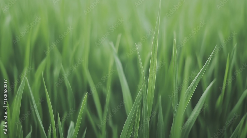 Lush Green Grass Blades in Soft Natural Light with Gentle Focus Background Lush Green Grass Blades in Soft Natural Light with Gentle Focus Background