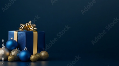 Glittering gold and blue baubles with a neatly wrapped gift box, arranged on a dark blue background with ample advertising space photo