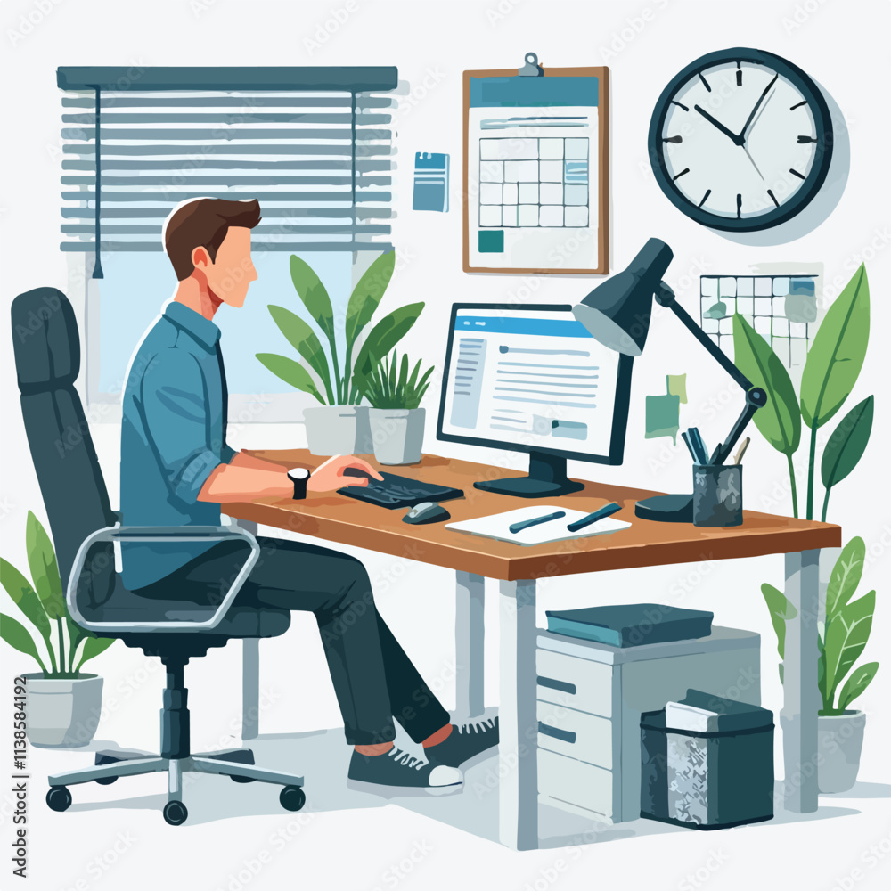 Fototapeta premium a man is using his laptop sitting on a chair looking in the laptop colourful vector on a white background