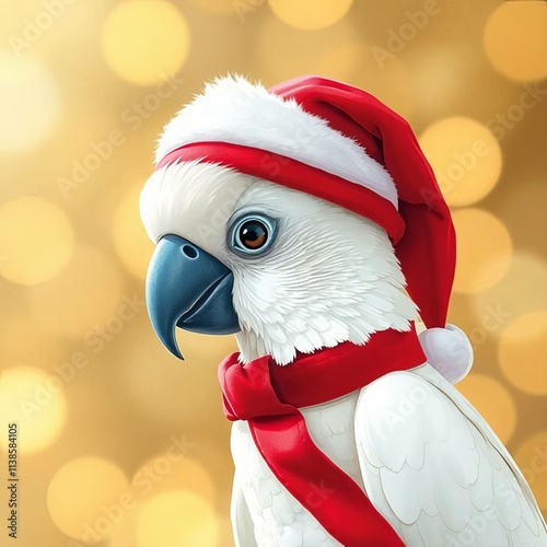 Portrait of a spirited Cockatiel in a tiny Christmas hat with red muffler. Ai generated. 