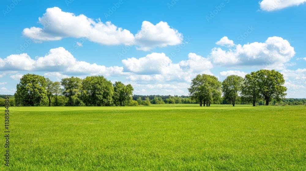 Lush Green Meadow Under Bright Blue Sky With Fluffy White Clouds Lush Green Meadow Under Bright Blue Sky With Fluffy White Clouds