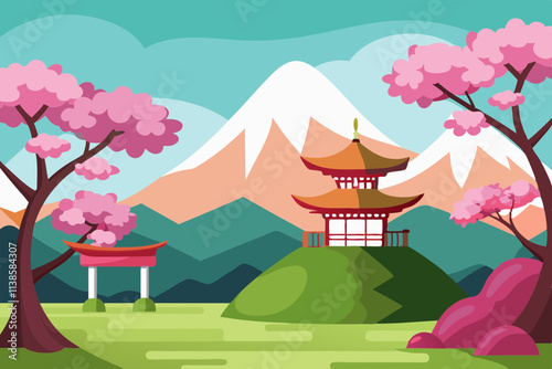 Serene Japanese Cherry Garden with Sakura Blossoms Tranquil Landscape Background