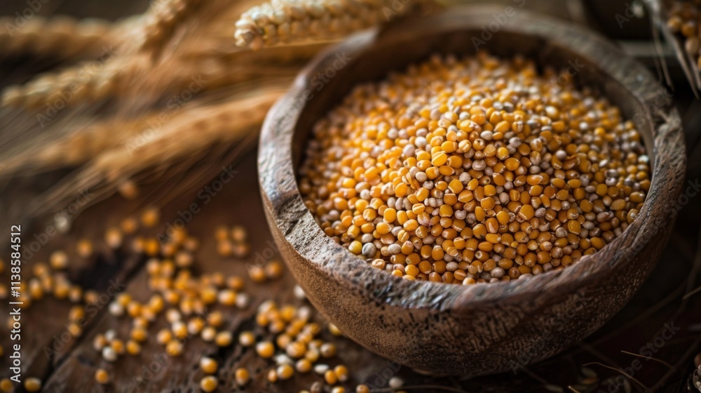 Rustic bowl filled with golden corn kernels on a wooden surface Rustic bowl filled with golden corn kernels on a wooden surface