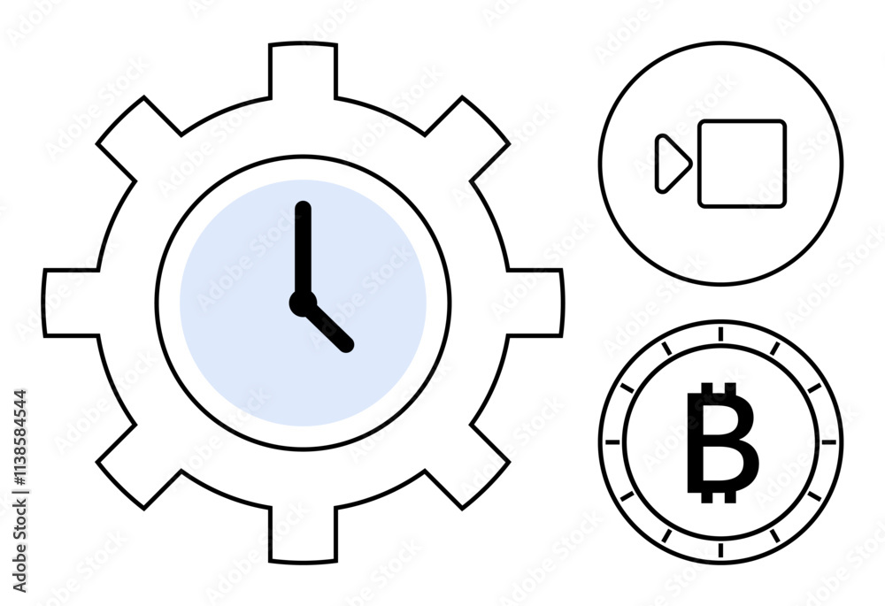 Gear-shaped clock centered beside a video play button and Bitcoin icon. Ideal for technology, time management, media production, cryptocurrency, digital innovation, financial services Gear-shaped clock centered beside a video play button and Bitcoin icon. Ideal for technology, time management, media production, cryptocurrency, digital innovation, financial services
