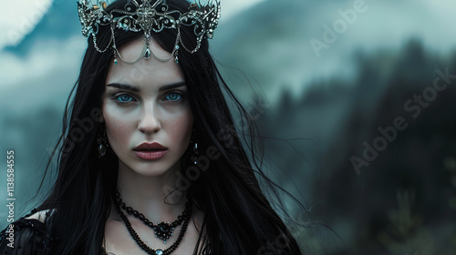 Art portrait of a beautiful young woman queen or witch with a piercing gaze. Wearing antique clothing, she embodies a ruler or warrior in a dramatic atmosphere.