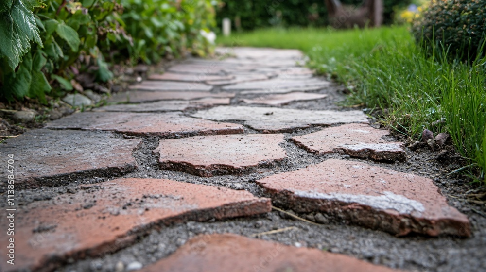 Close up of a brick pathway with sharp edges and slight chipping Close up of a brick pathway with sharp edges and slight chipping