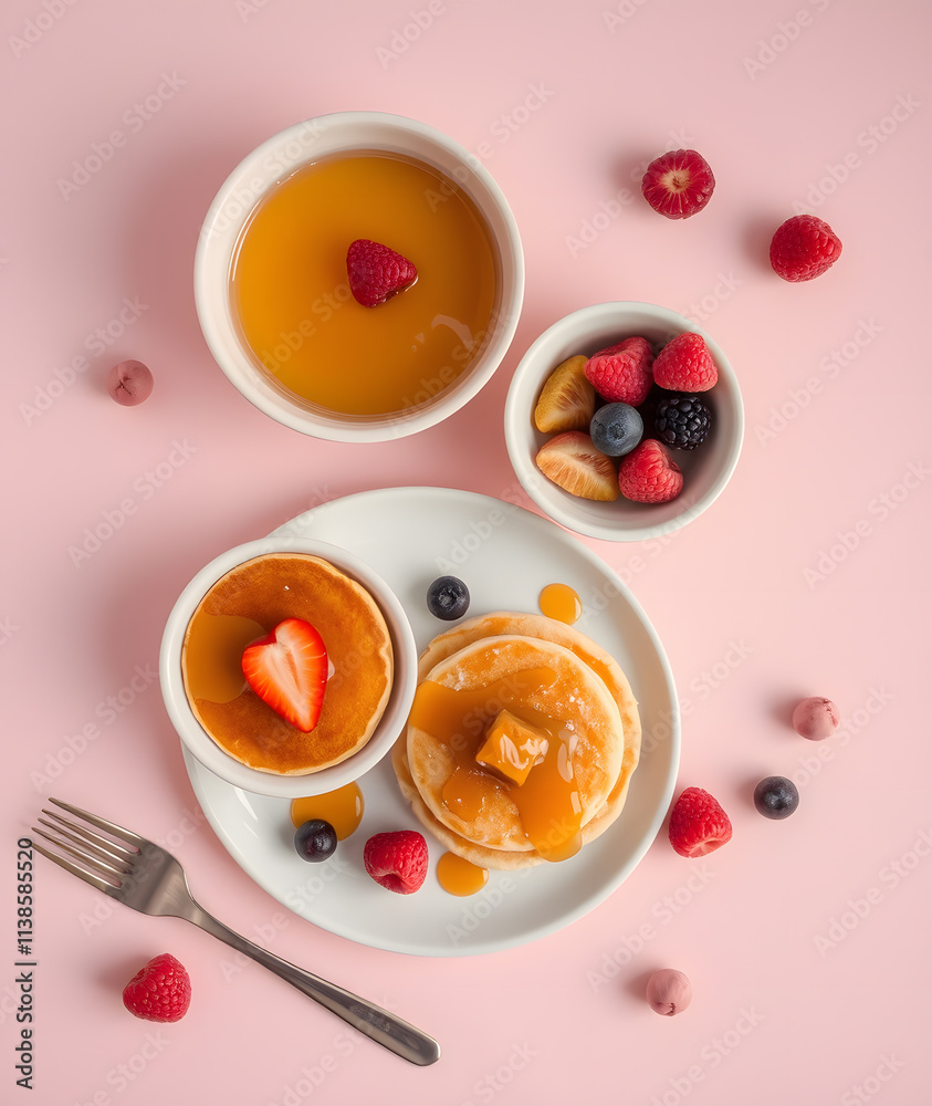 Delightful breakfast arrangement featuring pancakes, fresh fruits, and syrup on a pastel pink background Delightful breakfast arrangement featuring pancakes, fresh fruits, and syrup on a pastel pink background