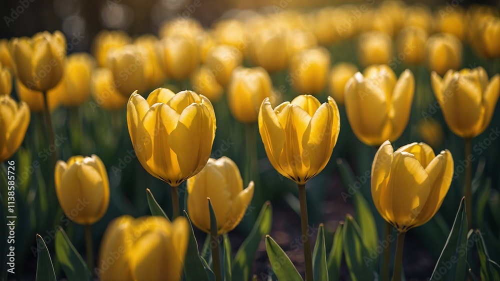 Obraz premium Yellow tulips closeup with blurred bokeh flower garden background