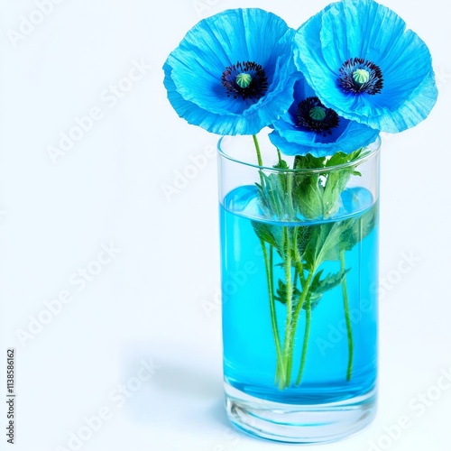 A clear vase filled with blue flowers, set against a light backdrop.