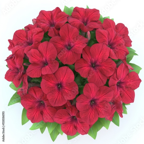 A vibrant red flower arrangement adorned with green leaves..A visually appealing display of bright red flowers alongside green foliage..A lush arrangement featuring bold red blooms and fresh green