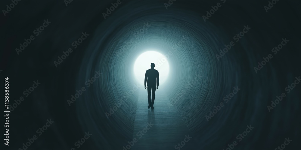 Obraz premium A silhouette of a person walking towards bright light at the end of a dark tunnel, symbolizing hope.