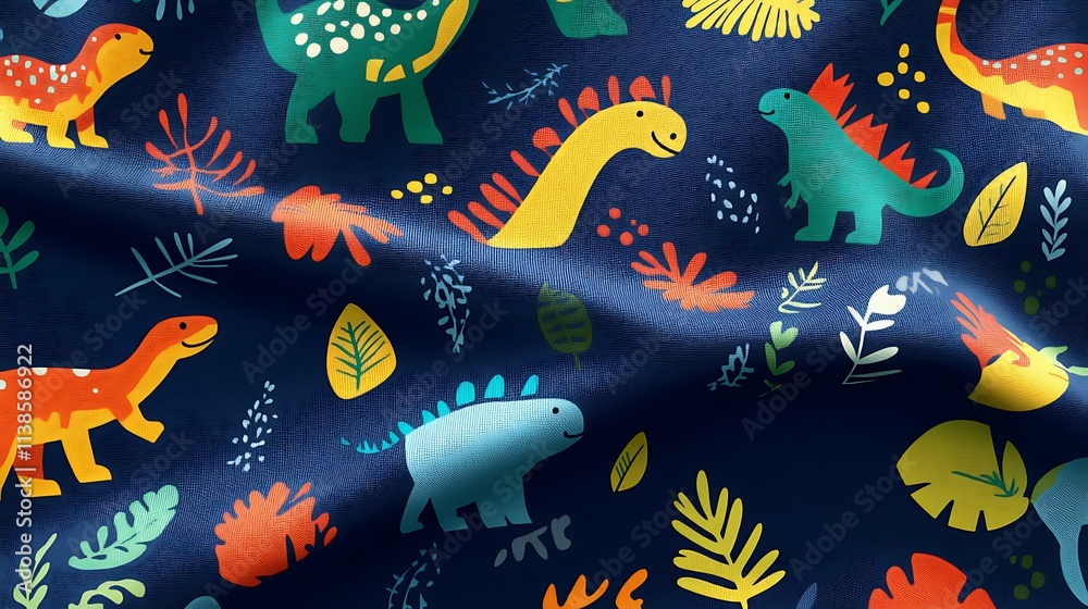 Colorful dinosaur footprints and charming illustrations on cozy navy blue fabric, ideal for children’s blankets or apparel Colorful dinosaur footprints and charming illustrations on cozy navy blue fabric, ideal for children’s blankets or apparel