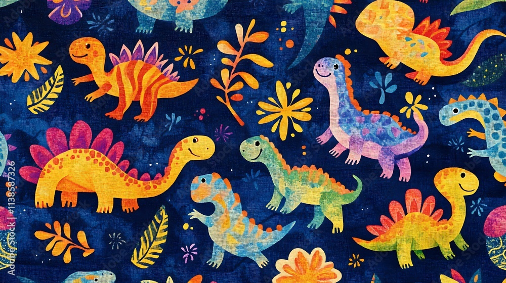 Bright, colorful cartoon dinosaurs and playful footprints scattered on plush navy blue fabric, perfect for cozy decor Bright, colorful cartoon dinosaurs and playful footprints scattered on plush navy blue fabric, perfect for cozy decor