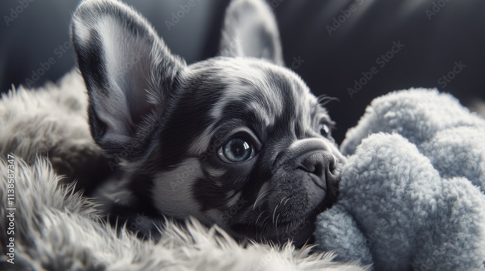 Dynamic playful image of a merle French Bulldog puppy Dynamic playful image of a merle French Bulldog puppy