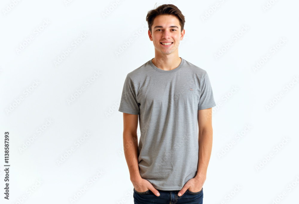 A commercial portrait photo of a model on a white studio background: a young man standing in front of a white background, wearing a grey t-shirt and jeans, with a smile on his face. A commercial portrait photo of a model on a white studio background: a young man standing in front of a white background, wearing a grey t-shirt and jeans, with a smile on his face.